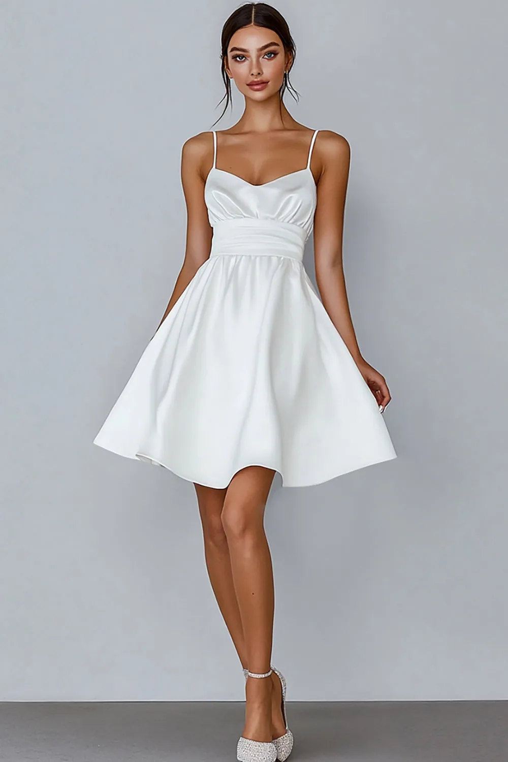 White A Line Spaghetti Straps Satin Graduation Dress sold by Zapaka
