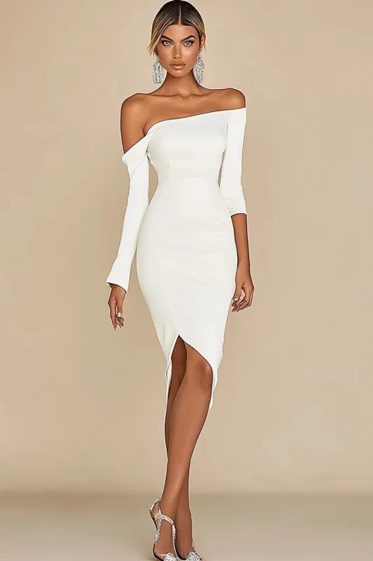 White Off The Shoulder Bodycon Graduation Dress with Long Sleeves sold by Zapaka