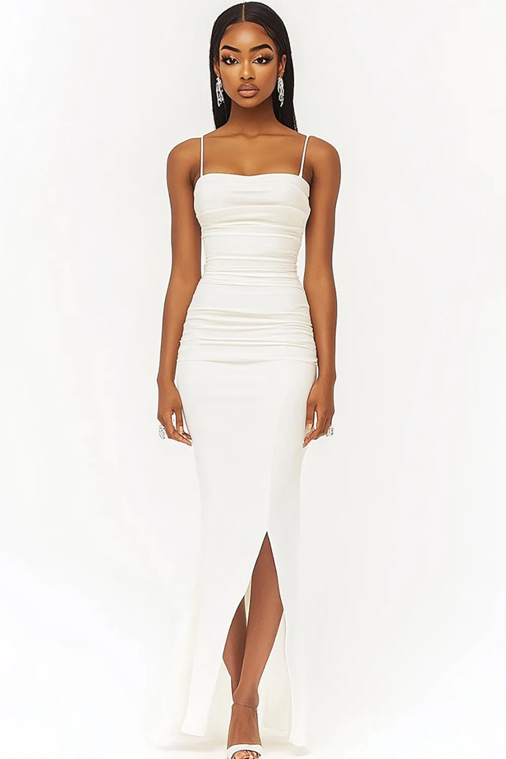 White Sheath Spaghetti Straps Ruched Graduation Dress with Slit sold by Zapaka