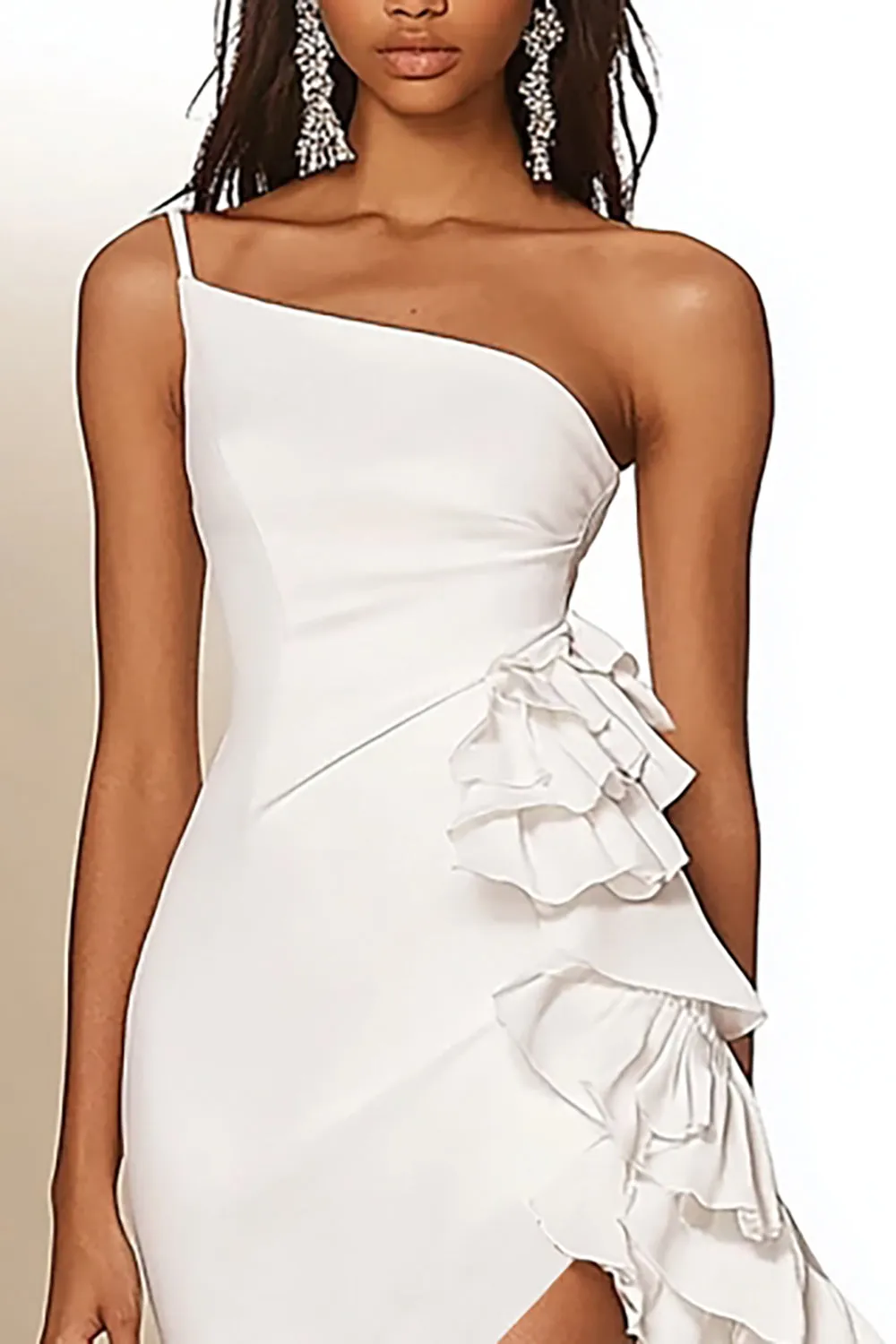 One Shoulder Bodycon White Ruffled Satin Graduation Dress sold by Zapaka product image thumbnail 2