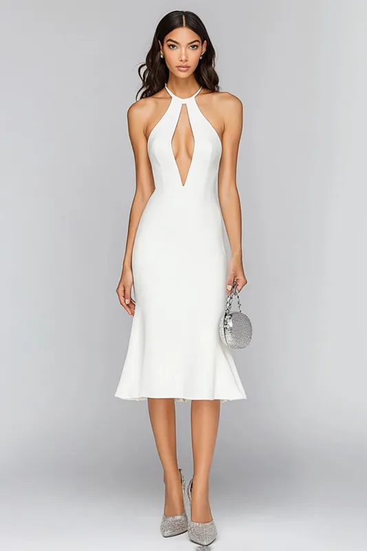 Halter Mermaid Cut Out White Satin Midi Graduation Dress sold by Zapaka
