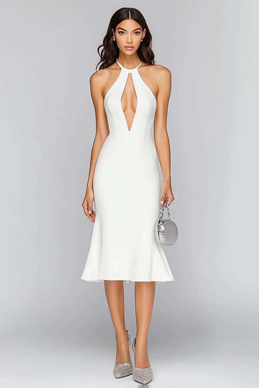 Halter Mermaid Cut Out White Satin Midi Graduation Dress sold by Zapaka