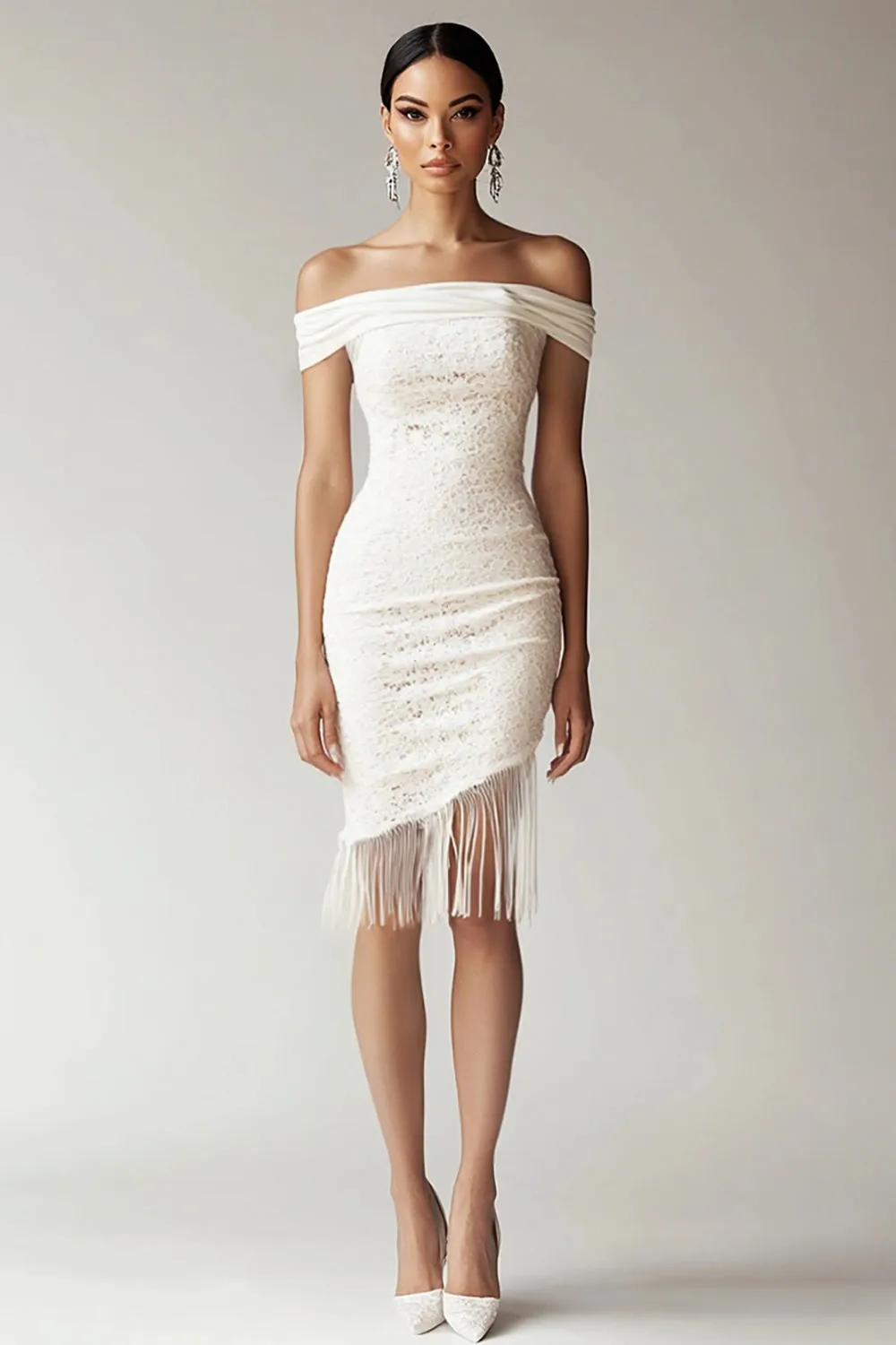 White Bodycon Off the Shoulder Lace Graduation Dress with Fringes sold by Zapaka