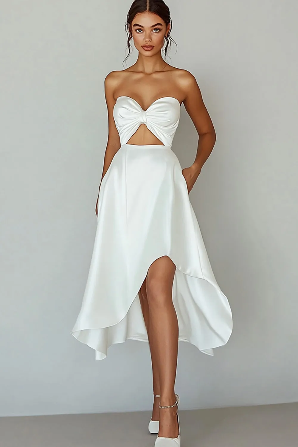Strapless Cut Out White A Line Satin Graduation Dress sold by Zapaka