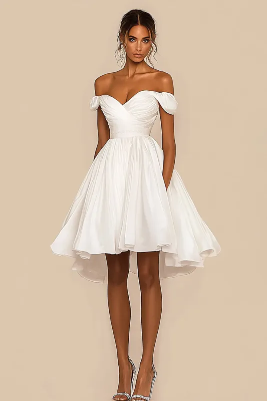 Off The Shoulder White A Line Ruched Graduation Dress sold by Zapaka