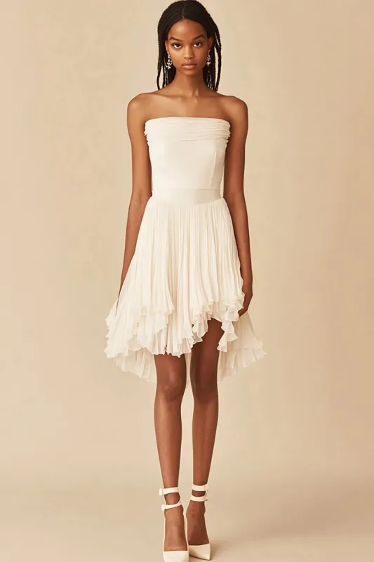 White Strapless A Line Graduation Dress with Ruffles sold by Zapaka