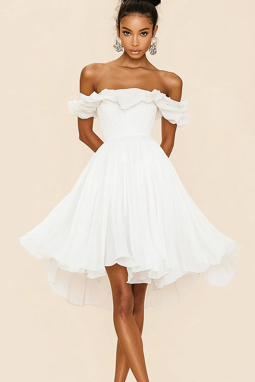 White Off The Shoulder A Line Ruffled Graduation Dress sold by Zapaka