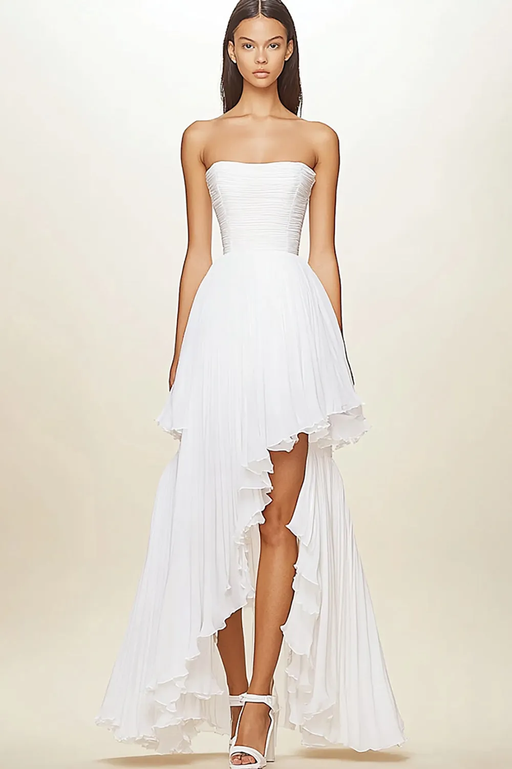White A Line Strapless Ruffled Graduation Dress sold by Zapaka
