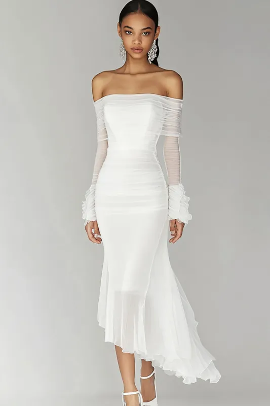 White Off The Shoulder Chiffon Graduation Dress with Long Sleeves sold by Zapaka