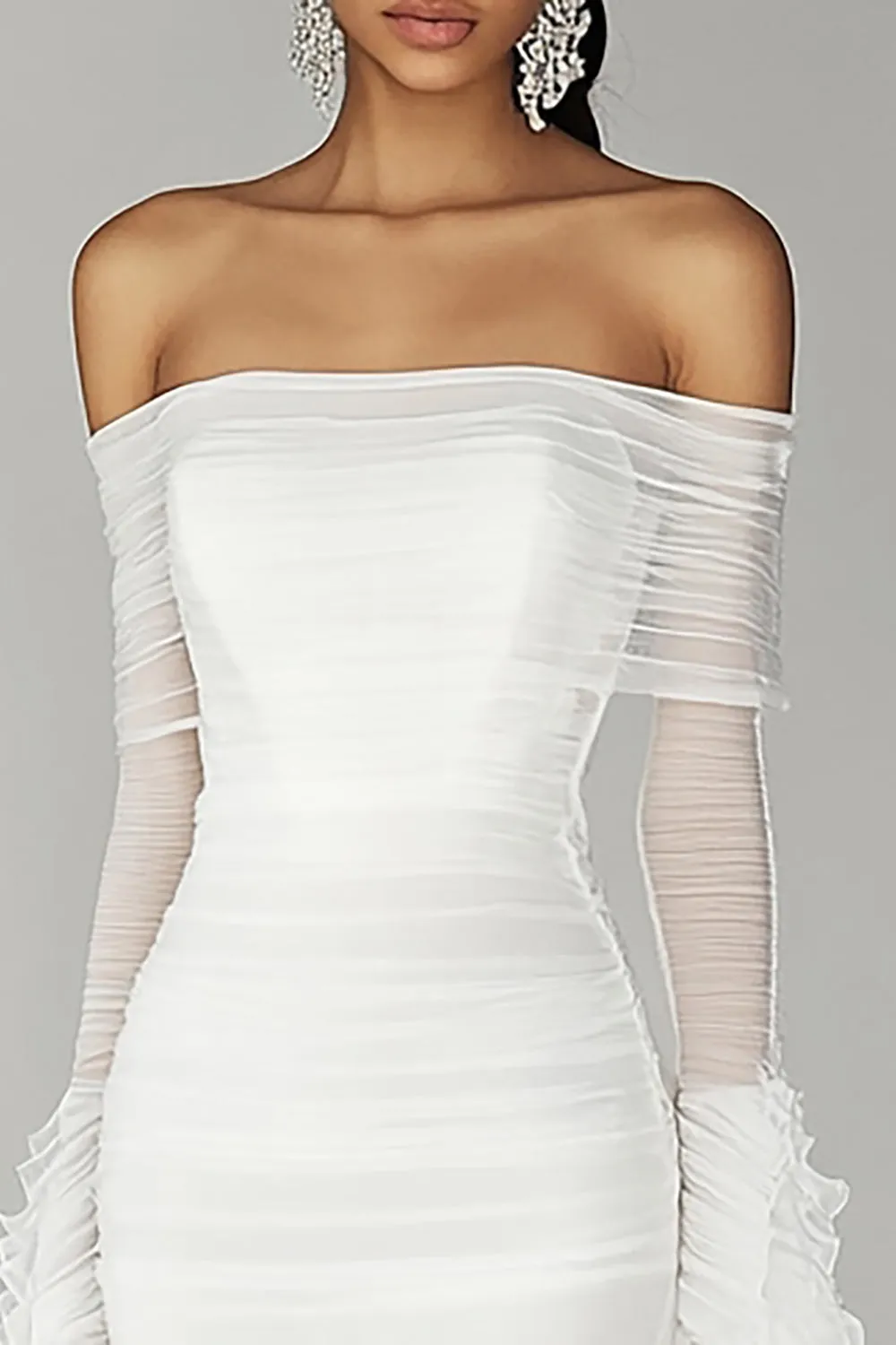 White Off The Shoulder Chiffon Graduation Dress with Long Sleeves sold by Zapaka product image thumbnail 2