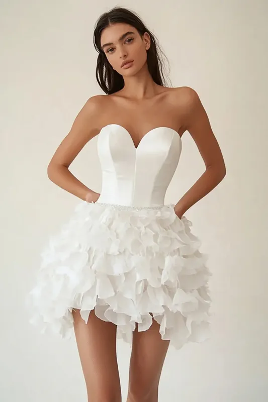 Strapless White A Line Tiered Ruffled Graduation Dress sold by Zapaka
