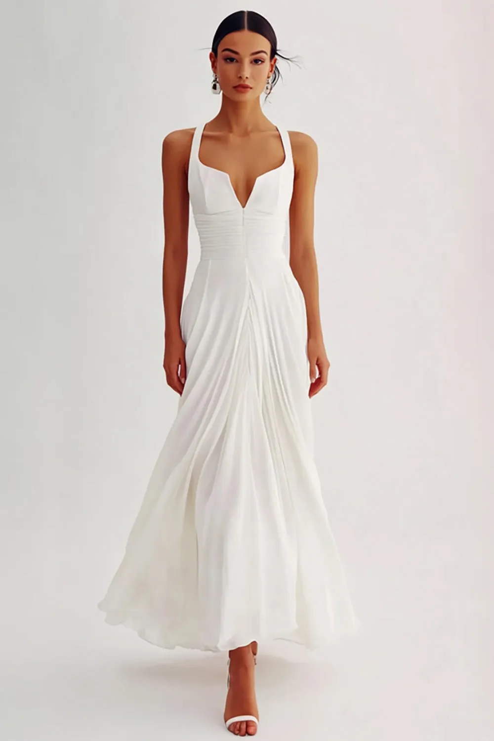 Flowy White Ruched A Line Graduation Dress sold by Zapaka