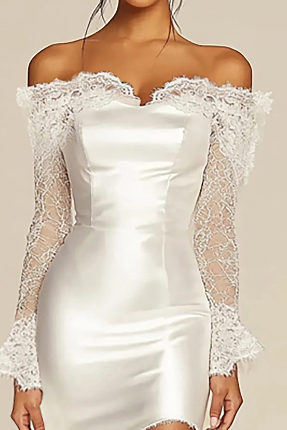 Off the Shoulder Satin Lace White Graduation Dress with Long Sleeves sold by Zapaka product image thumbnail 2