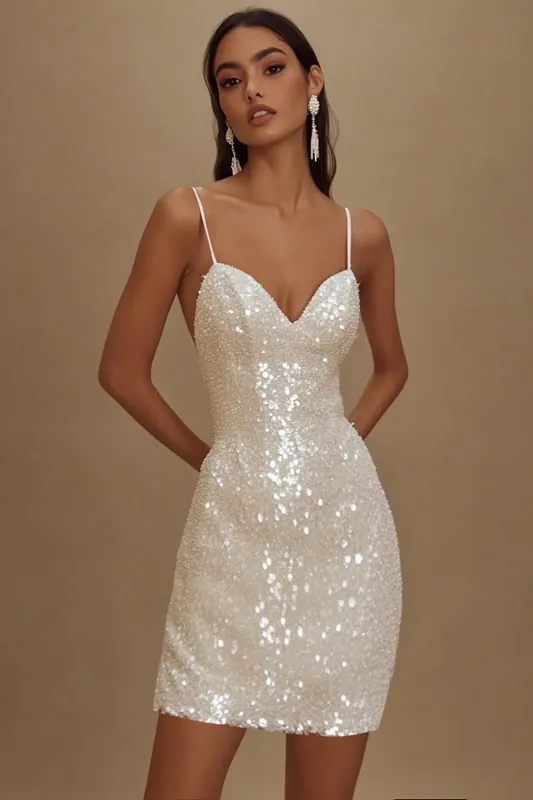 Sparkly White Spaghetti Straps Bodycon Short Graduation Dress sold by Zapaka