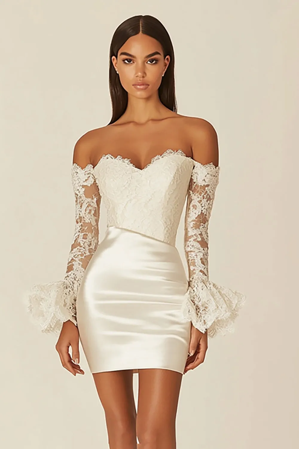 White Off The Shoulder Bodycon Lace Graduation Dress with Long Sleeves sold by Zapaka
