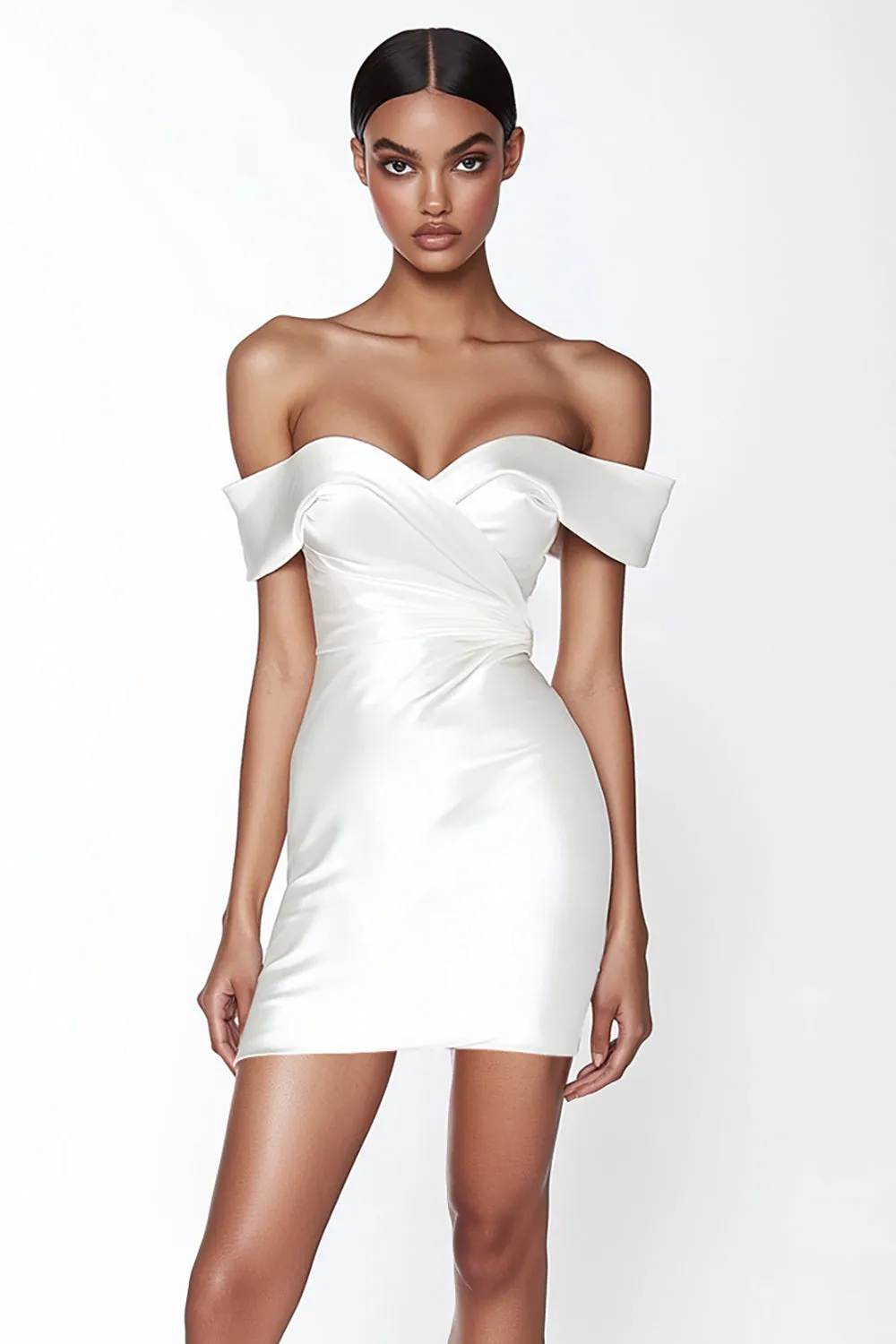 White Off the Shoulder Bodycon Satin Short Graduation Dress sold by Zapaka
