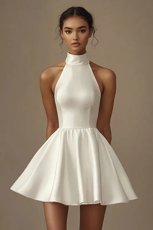 Halter White A Line Ruched Short Graduation Dress sold by Zapaka