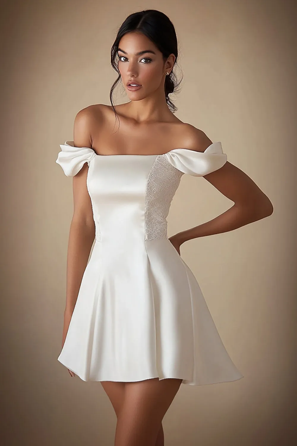 Off the Shoulder A Line Satin White Graduation Dress sold by Zapaka