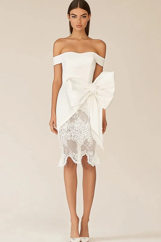 Off the Shoulder Lace Sheath White Graduation Dress with Bow made by Zapaka