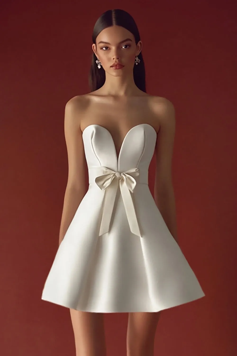 Strapless White A Line Satin Graduation Dress sold by Zapaka