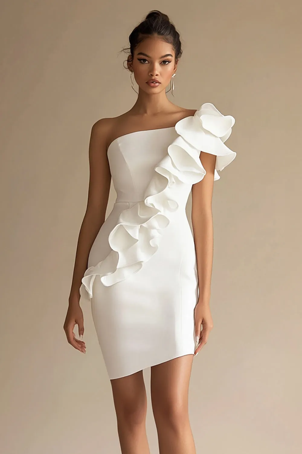 One Shoulder White Ruffled Bodycon Graduation Dress sold by Zapaka