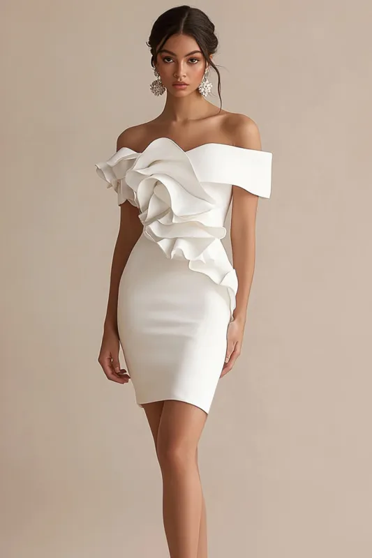 White Off The Shoulder Satin Ruffled Graduation Dress sold by Zapaka
