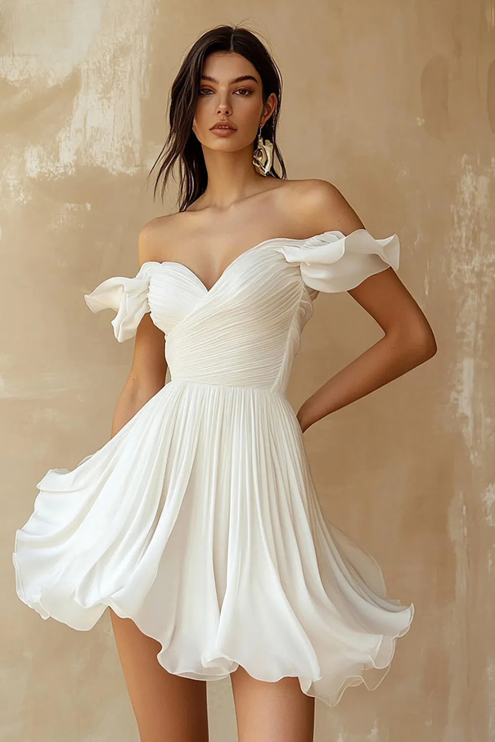 A Line Ruffled Off the Shoulder Pleated White Graduation Dress sold by Zapaka