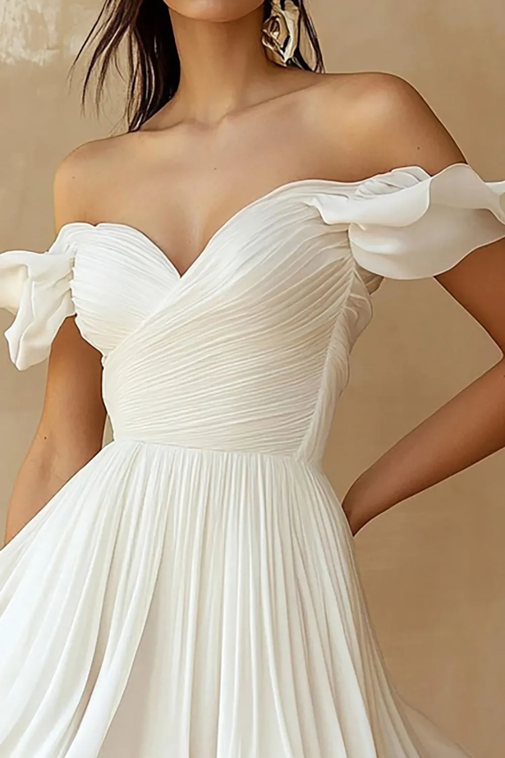 A Line Ruffled Off the Shoulder Pleated White Graduation Dress sold by Zapaka product image thumbnail 2
