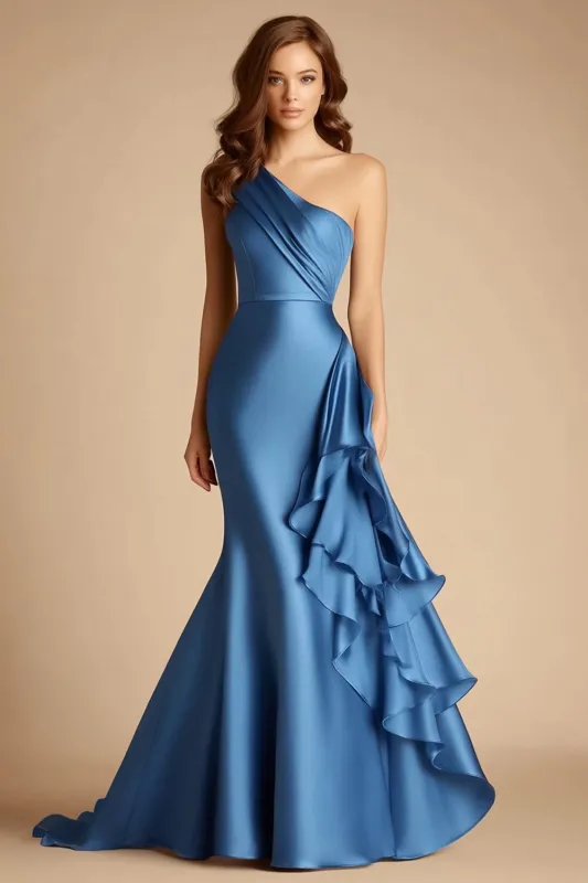 Blue One Shoulder Mermaid Formal Dress with Ruffles sold by Zapaka
