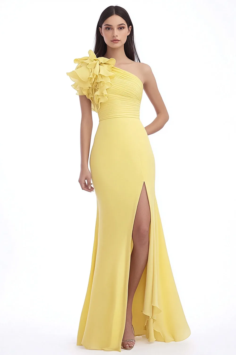Daffodil One Shoulder Chiffon Mermaid Formal Dress with Ruffles sold by Zapaka