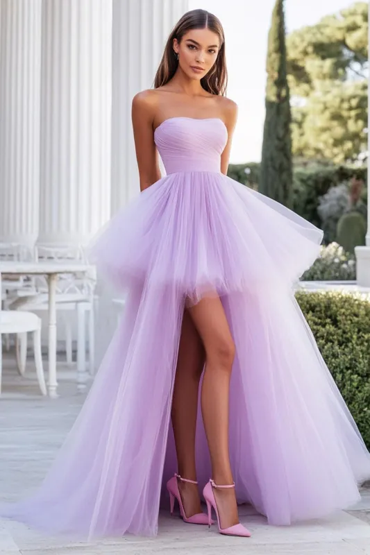 Lilac Strapless A Line Tulle Tiered Formal Dress sold by Zapaka