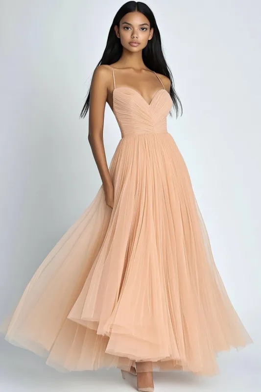 Peach Spaghetti Straps A Line Tulle Formal Dress sold by Zapaka