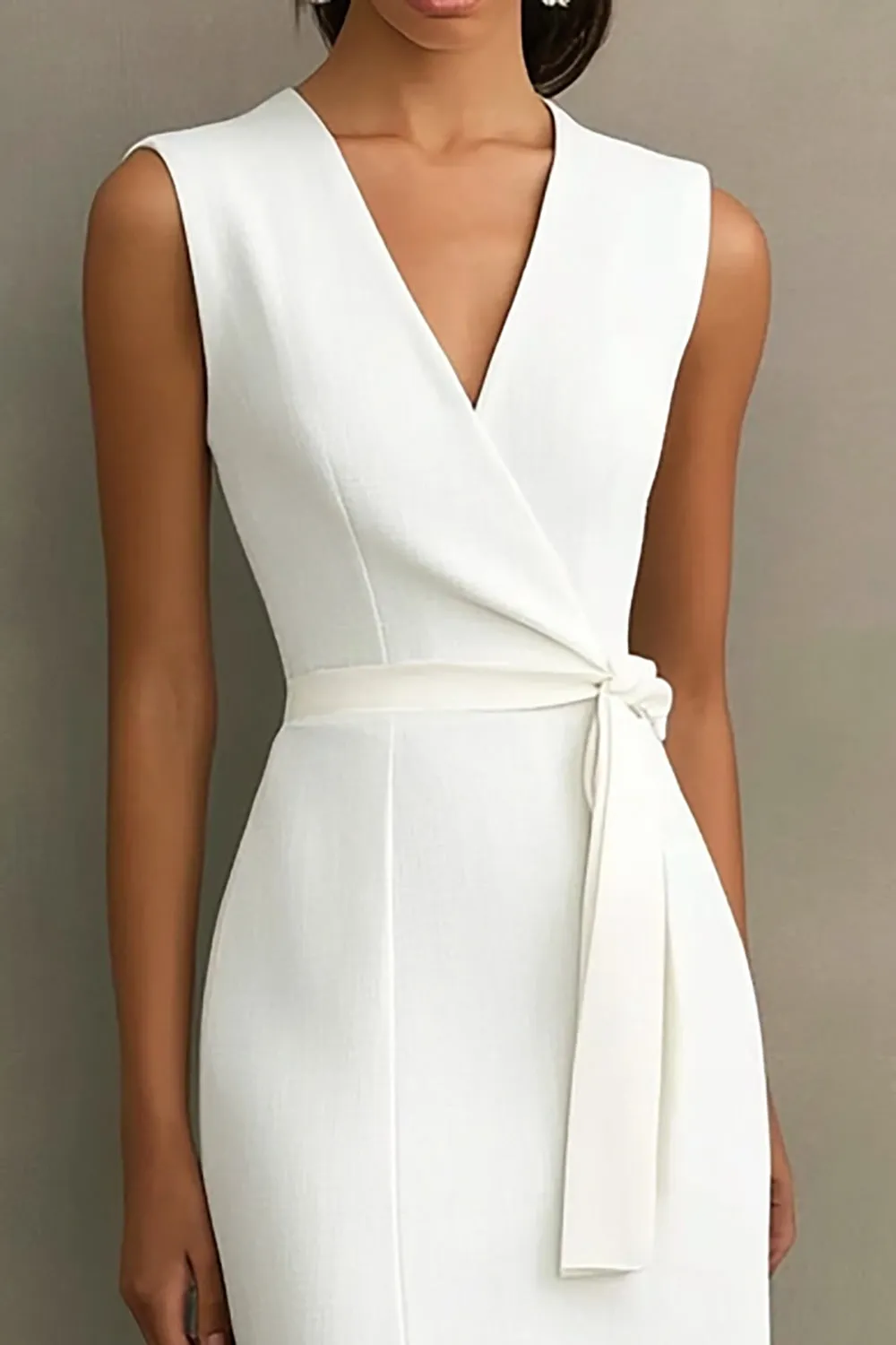 White Satin V-Neck Formal Dress with Belt sold by Zapaka product image thumbnail 2