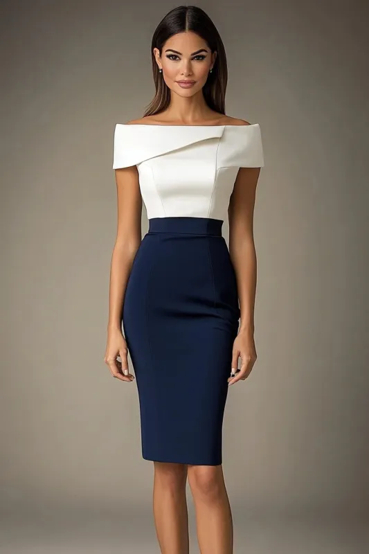 White and Navy Off The Shoulder Bodycon Formal Dress sold by Zapaka