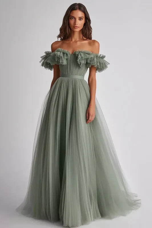 Dusty Sage Off The Shoulder Ruffled A Line Formal Dress sold by Zapaka
