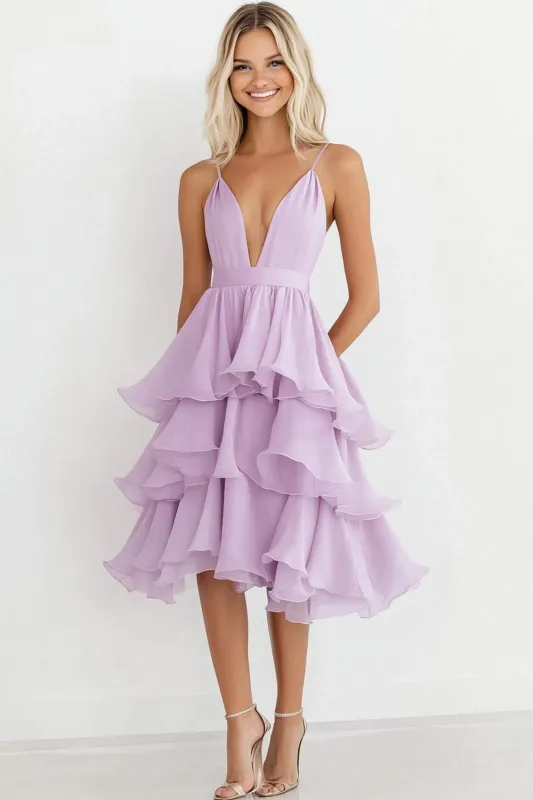 Lilac Spaghetti Straps Chiffon A Line Tiered Party Dress sold by Zapaka