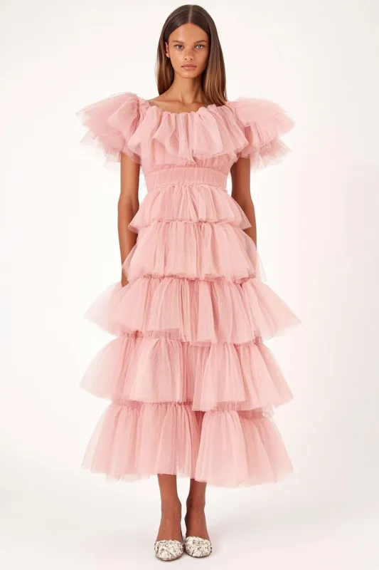 Pink A Line Tulle Tiered Ruffled Party Dress with Short Sleeves sold by Zapaka