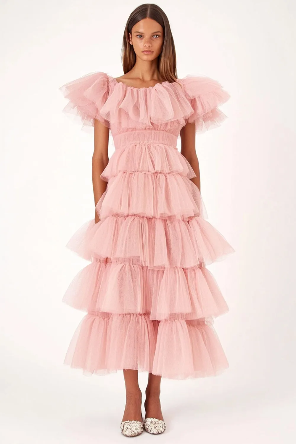 Pink A Line Tulle Tiered Ruffled Party Dress with Short Sleeves sold by Zapaka
