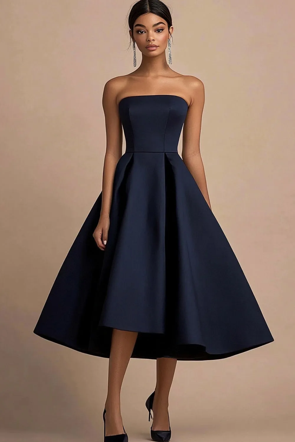 Navy Strapless A Line Satin Midi Formal Dress sold by Zapaka