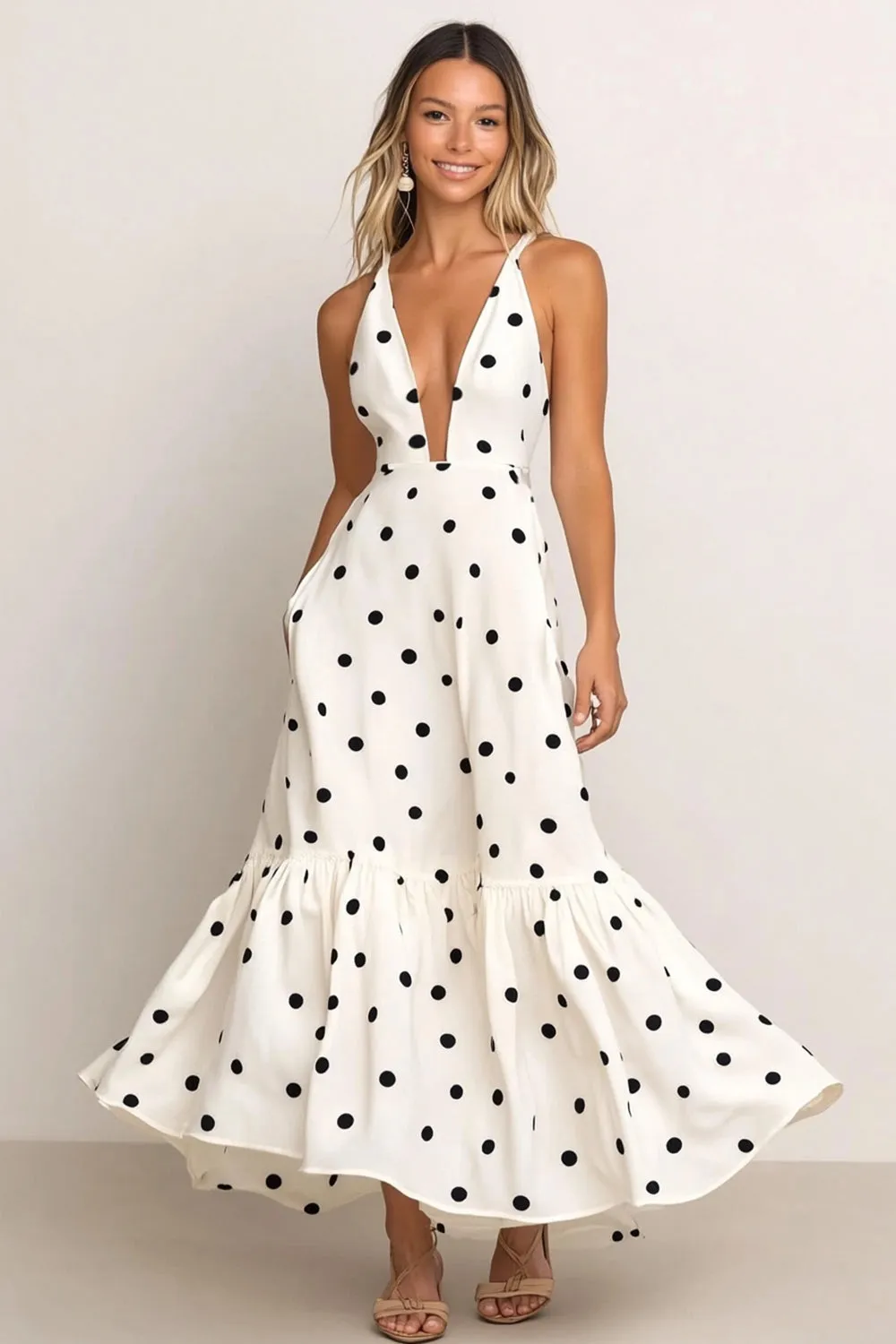 White V-Neck A Line Satin Formal Dress with Black Dots sold by Zapaka