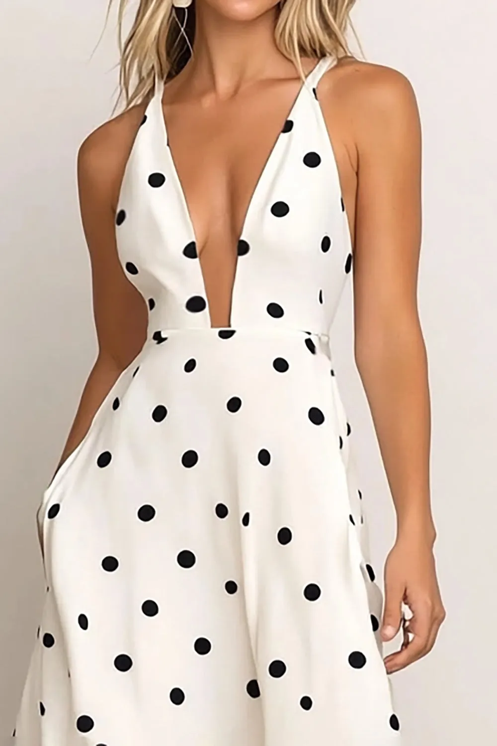 White V-Neck A Line Satin Formal Dress with Black Dots sold by Zapaka product image thumbnail 2