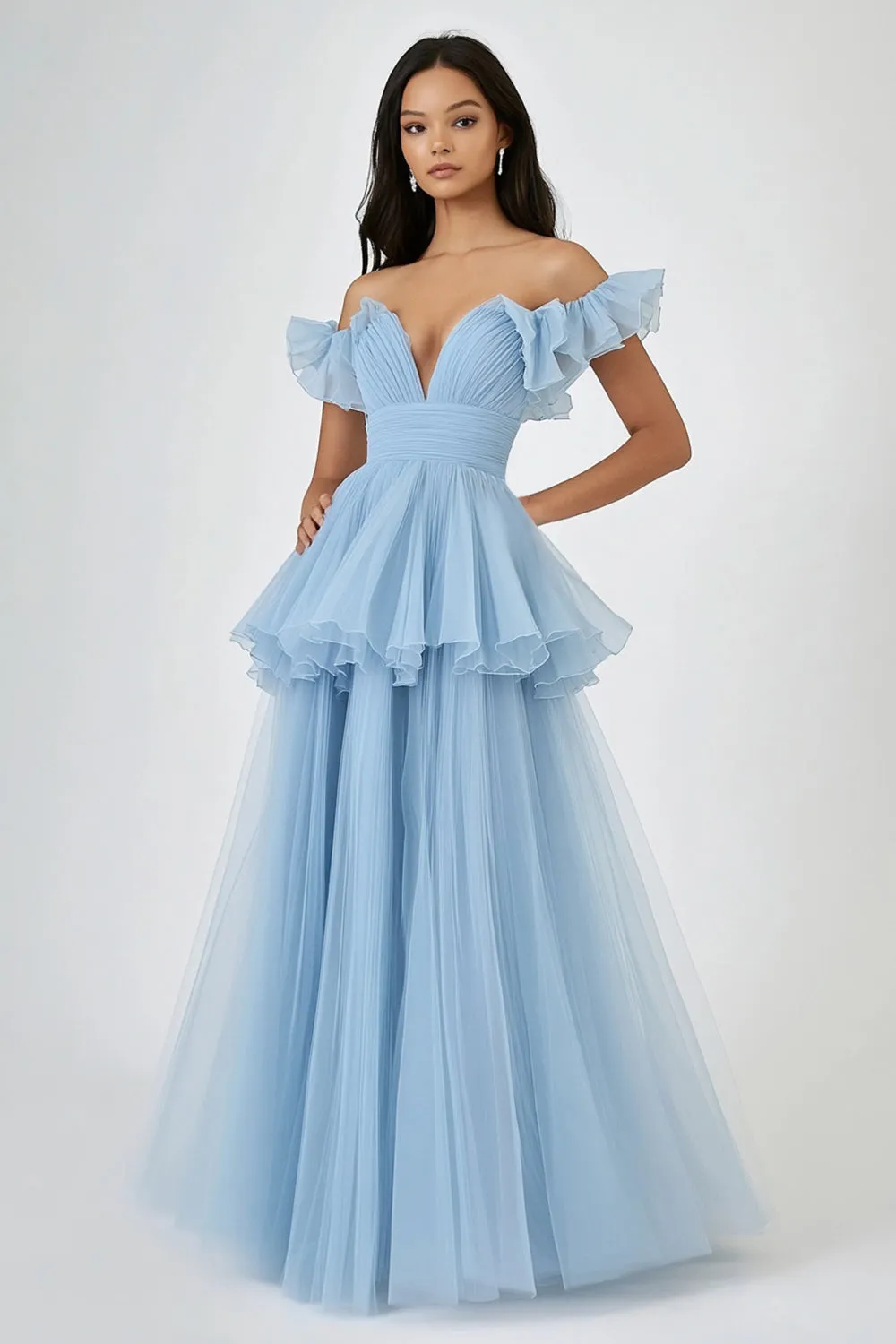 Sky Blue Off The Shoulder Ruched A Line Tiered Formal Dress sold by Zapaka