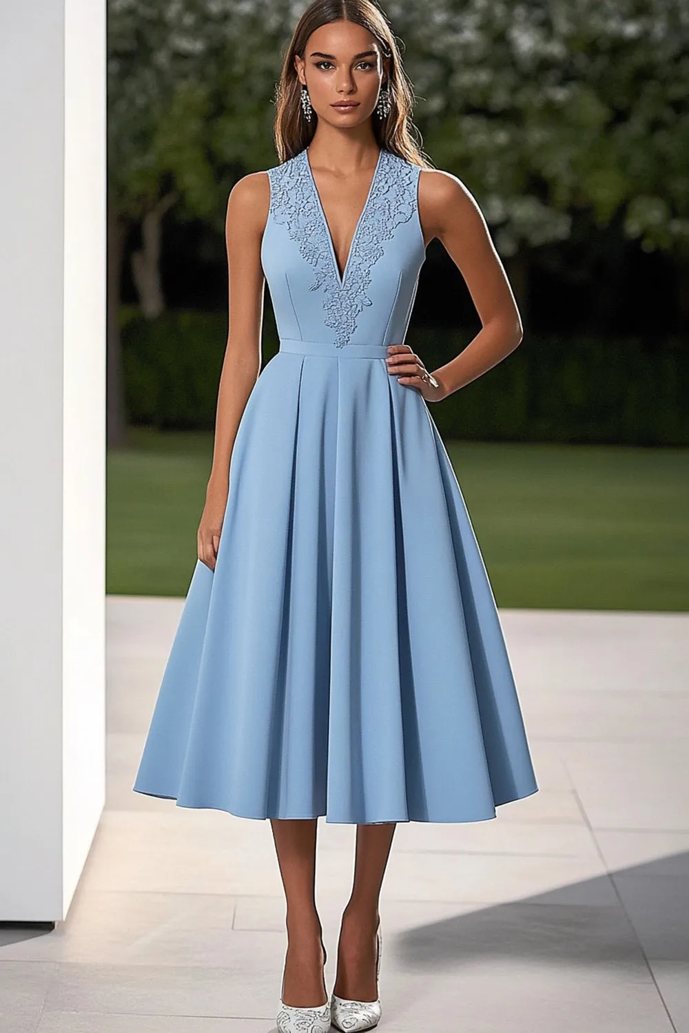 Sky Blue A Line V-Neck Satin Midi Formal Dress sold by Zapaka