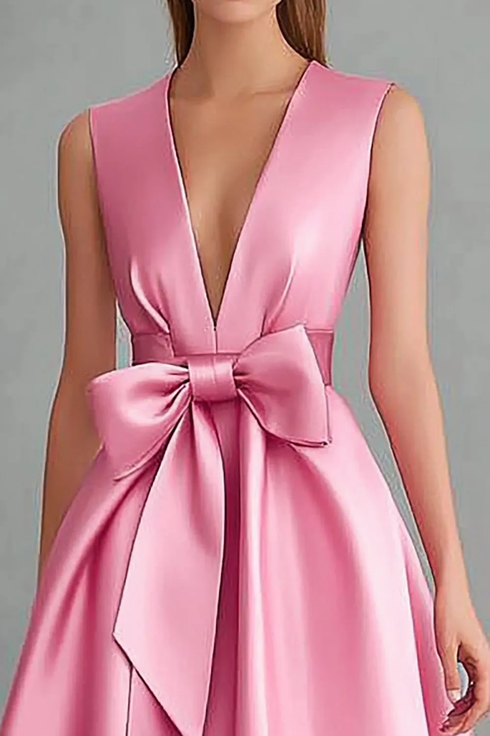 Pink V-Neck Satin Midi Formal Dress with Bow sold by Zapaka product image thumbnail 2