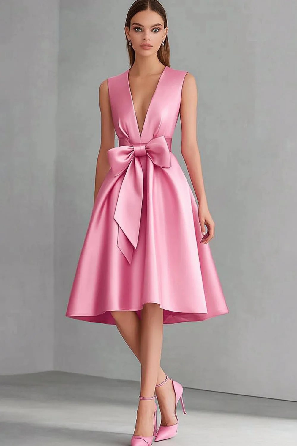 Pink V-Neck Satin Midi Formal Dress with Bow sold by Zapaka