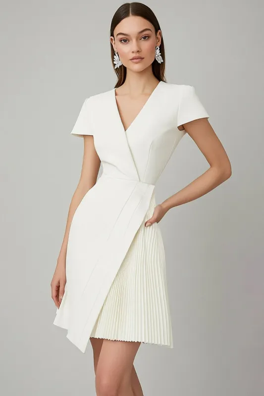 White V-Neck A Line Work Dress with Short Sleeves sold by Zapaka