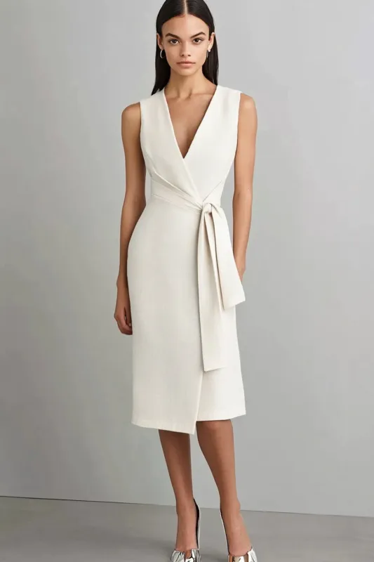 Ivory V-Neck Knee Length Formal Dress with Belt sold by Zapaka