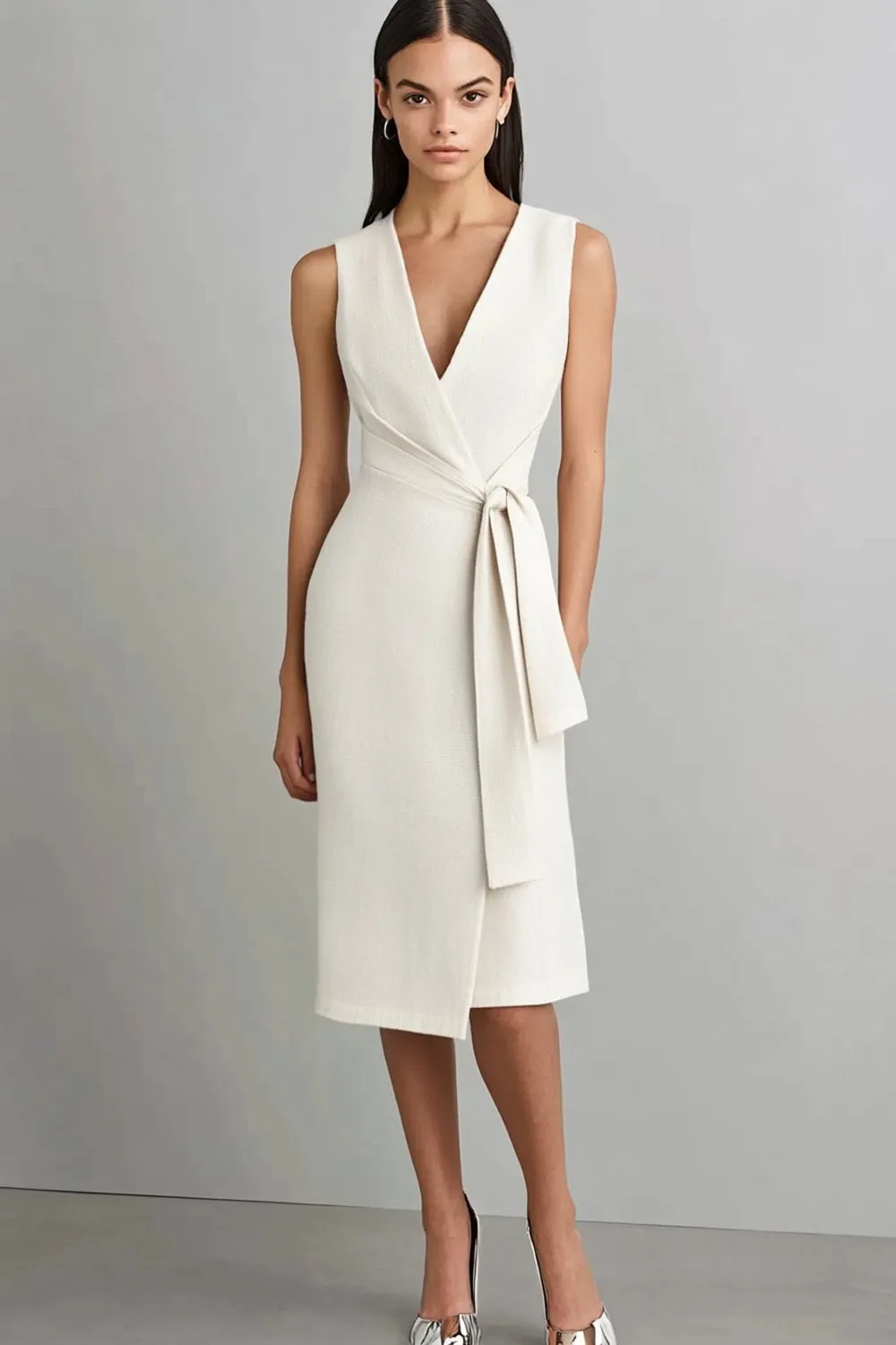 Ivory V-Neck Knee Length Formal Dress with Belt sold by Zapaka