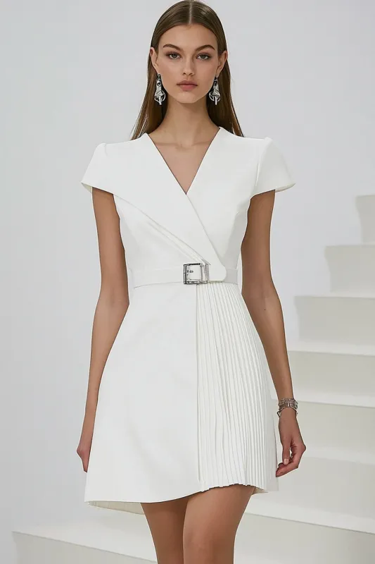 White A Line Short Formal Dress with Belt sold by Zapaka