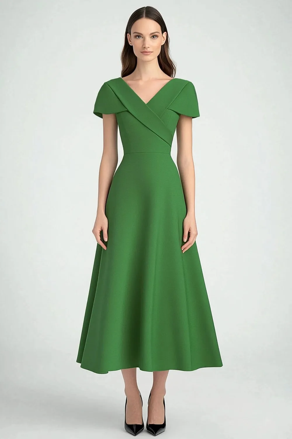 Green V-Neck A Line Formal Dress with Short Sleeves sold by Zapaka